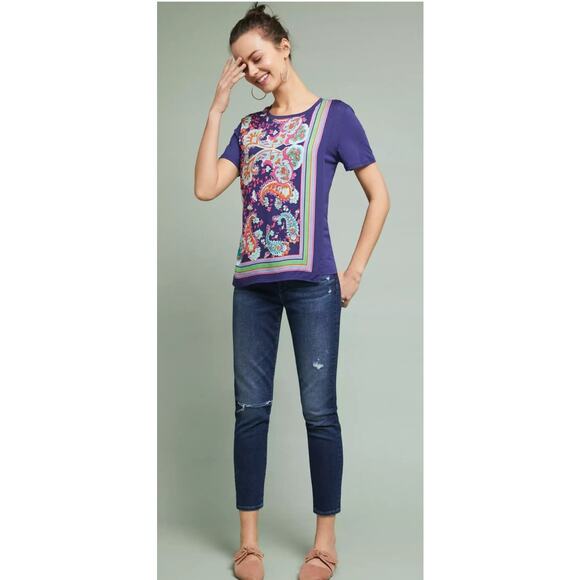 Anthropologie Maeve Maddie Printed Top Boho Purple‎ Short Sleeve Women's Size S - Picture 2 of 9